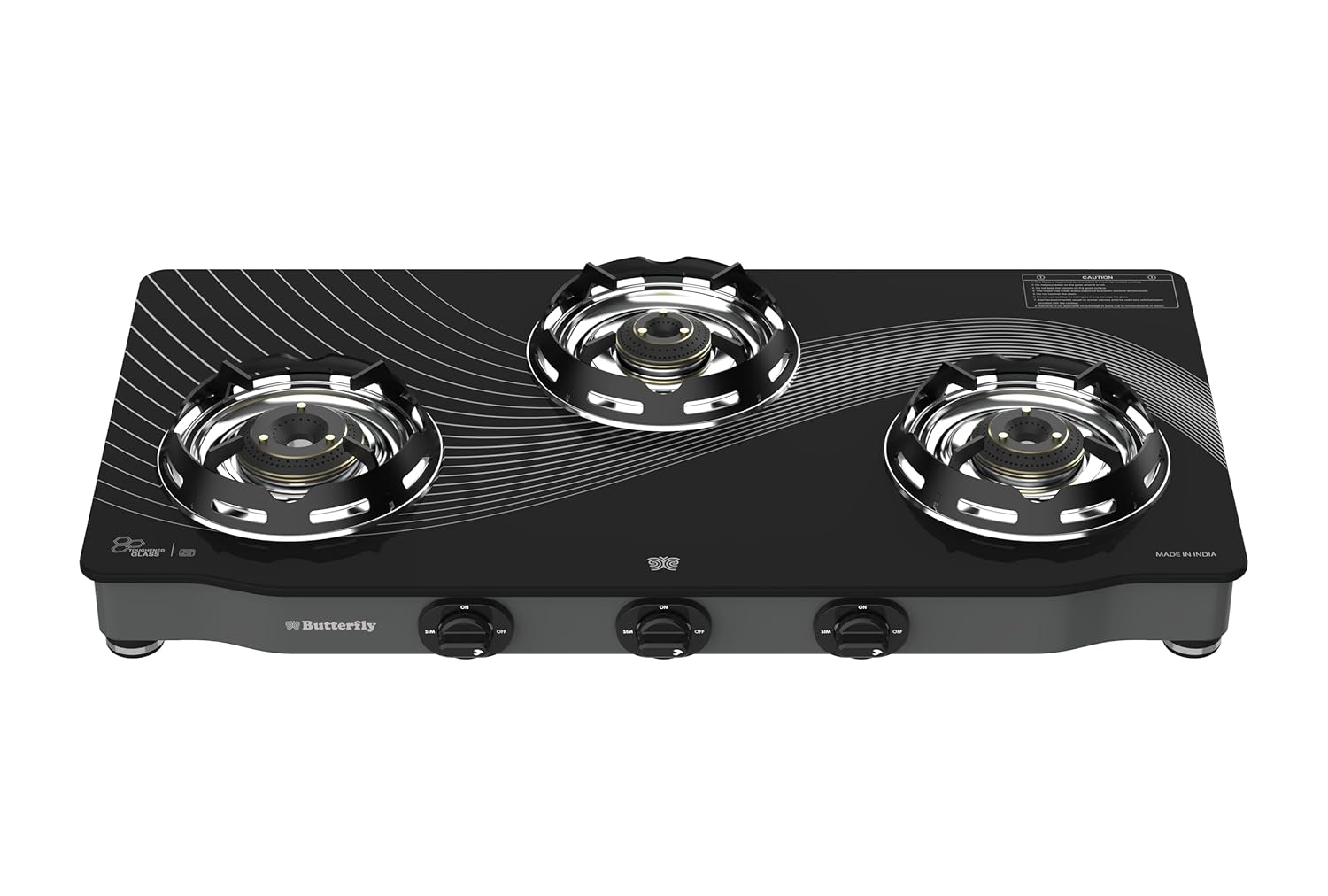 Butterfly Renz 3 Burner 3 Star Glass Top Gas Stove | Fan shield | Leak Proof European Valve | Rust Resistant Frame | Patented Lift Lock | 8mm Tempered Designer Glass | 2 Years Product Warranty