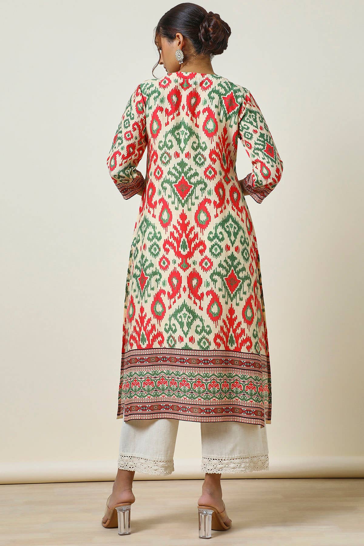 Cream Printed Linen Blend Kurta With Mirror Work - View 5