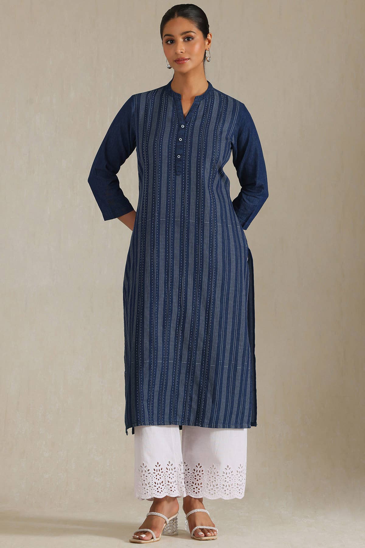 Indigo Denim Dots Kurta With Thread Work - View 5