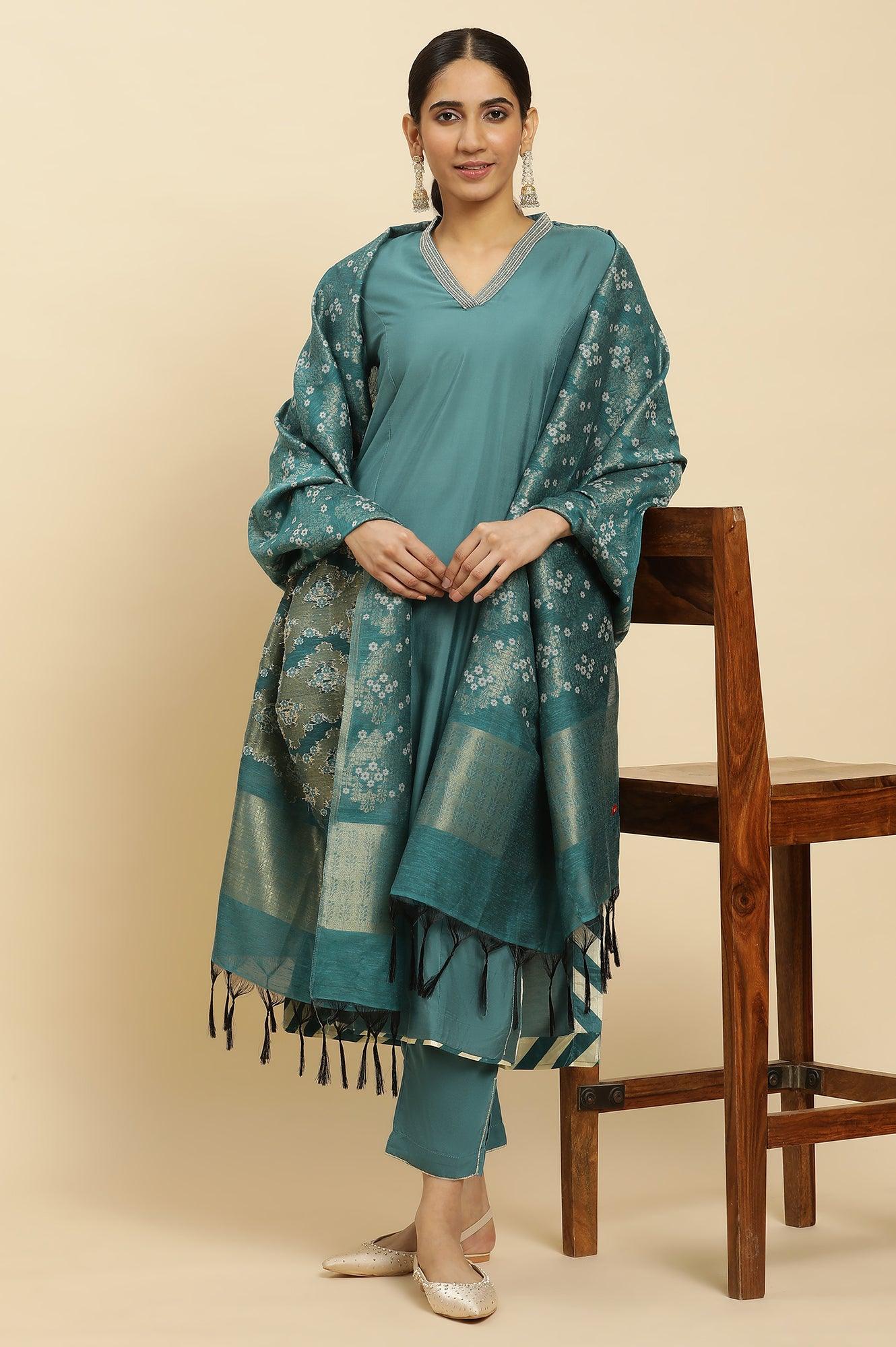 Blue Embellished Kurta, Pants And Jacquard Dupatta Set - View 6