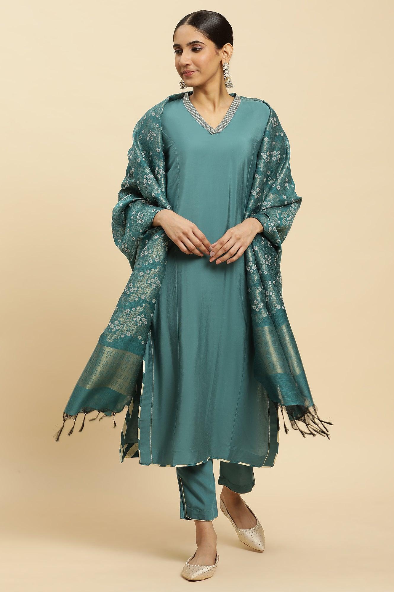 Blue Embellished Kurta, Pants And Jacquard Dupatta Set - View 7