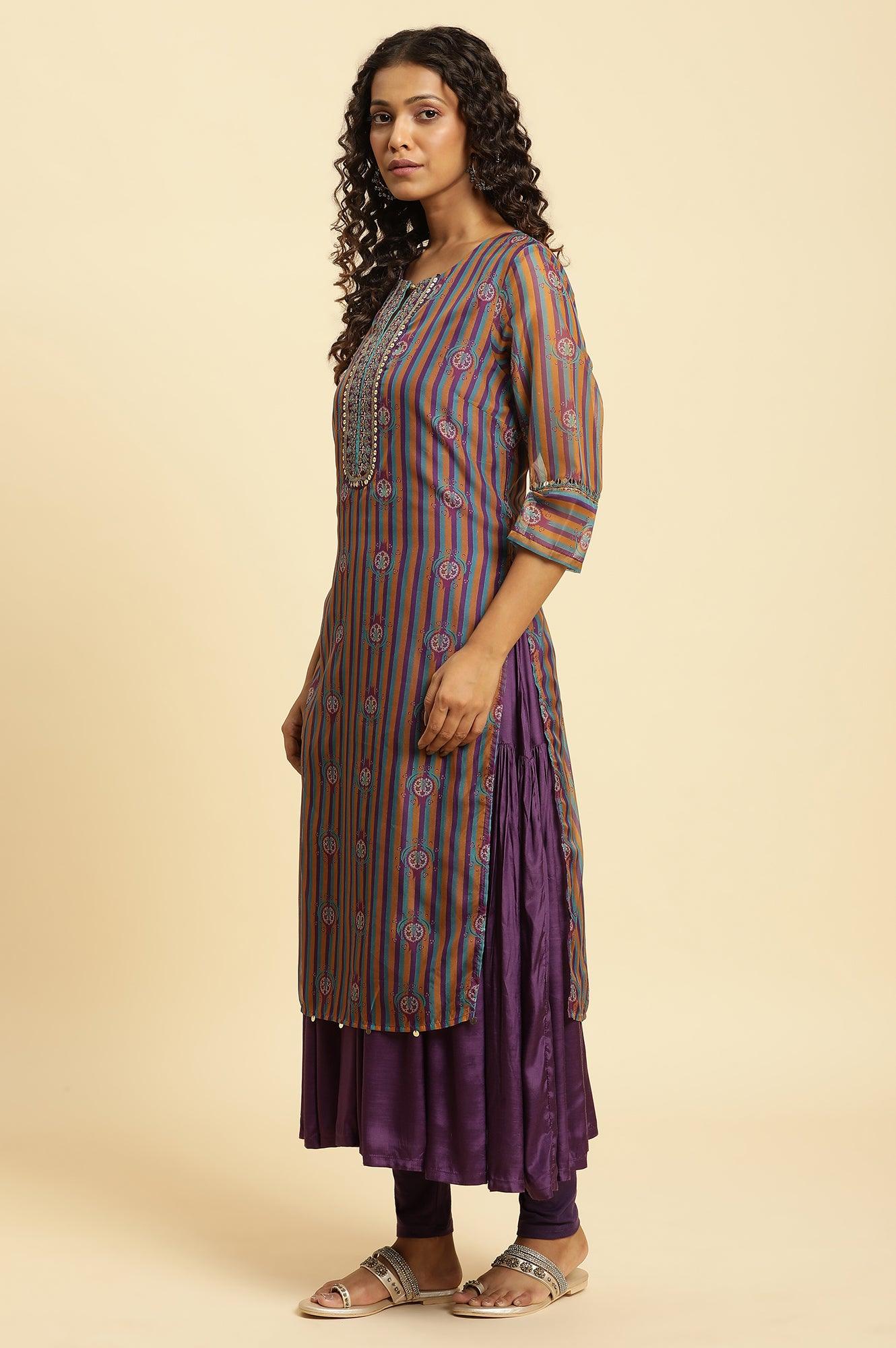 Purple Layered Suzani Printed Kurta, Tights And Dupatta Set - View 4
