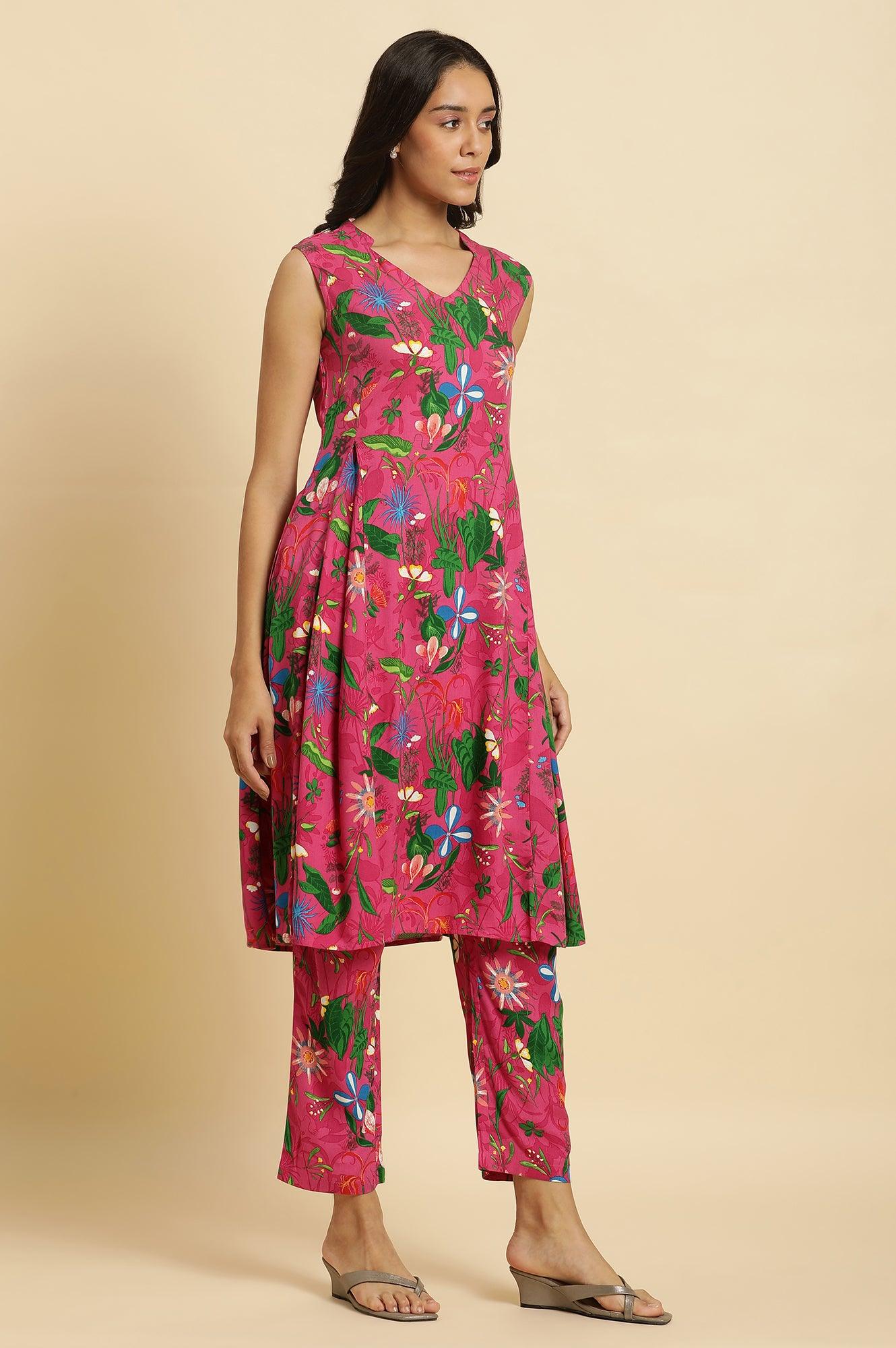 Pink Floral Printed Sleeveless Kurta & Pants Co-Ord Set - View 8