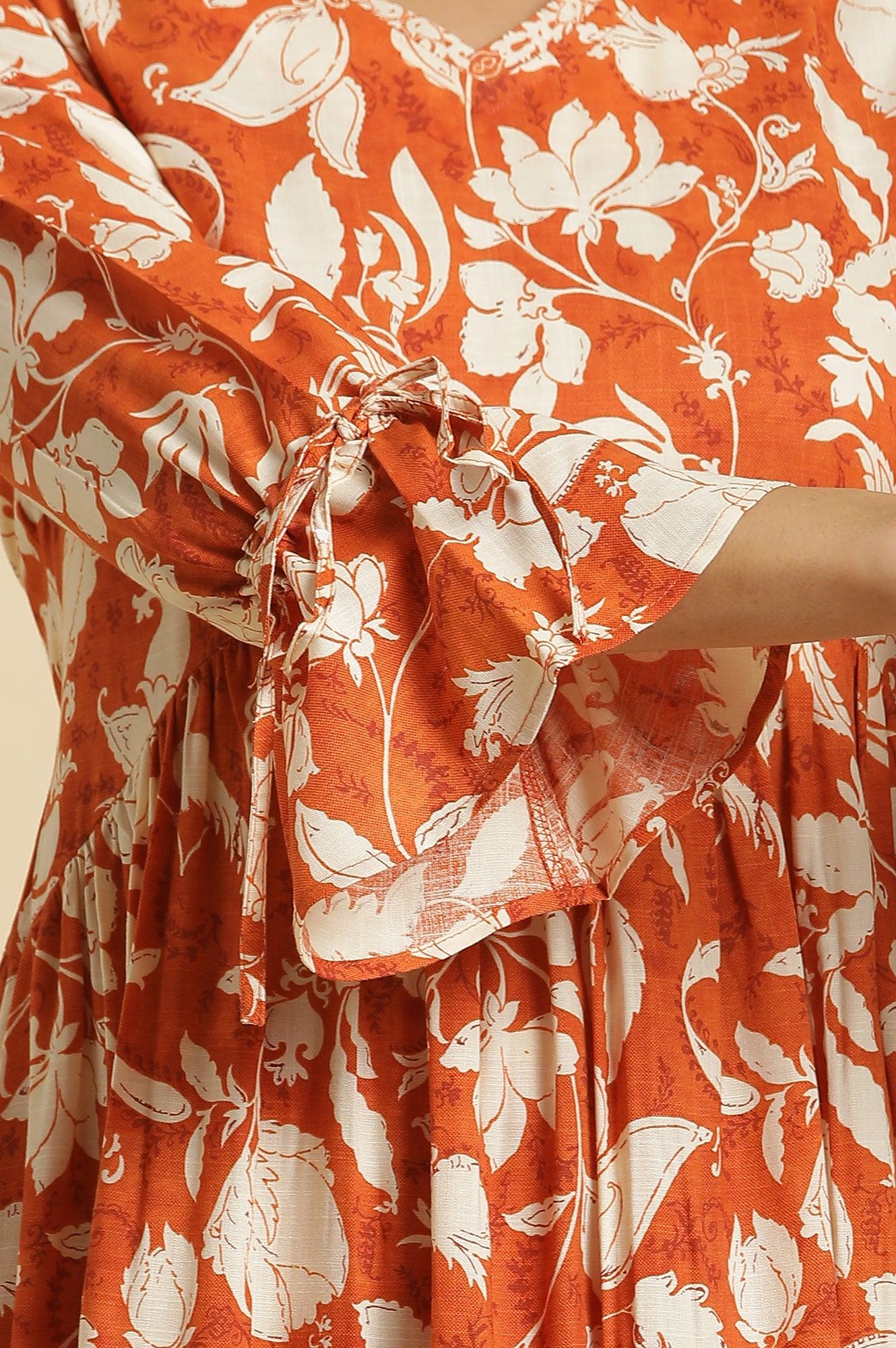 Dark Orange Floral Printed Kurta & Pants Co-Ord Set - View 4