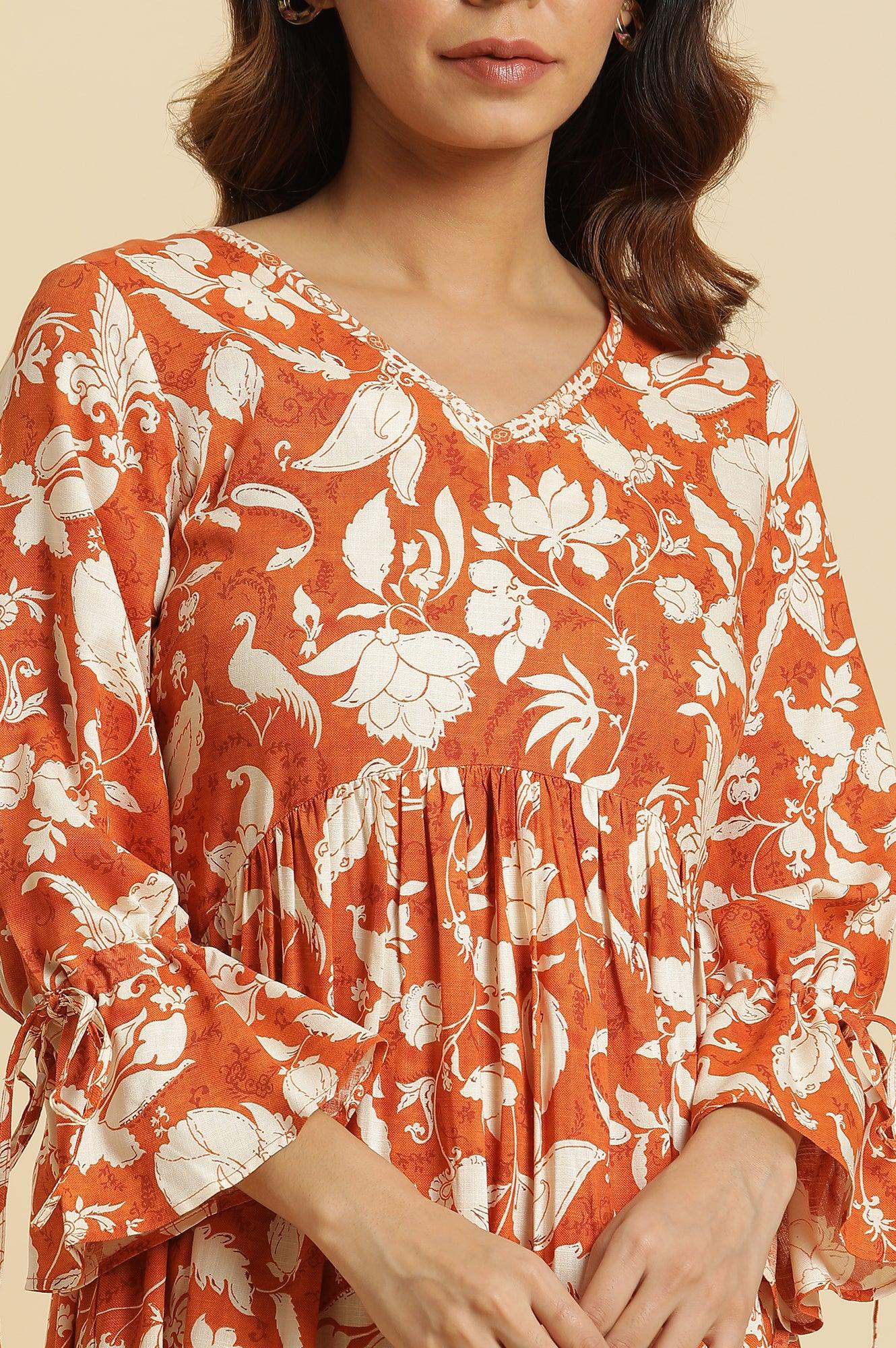 Dark Orange Floral Printed Kurta & Pants Co-Ord Set - View 3