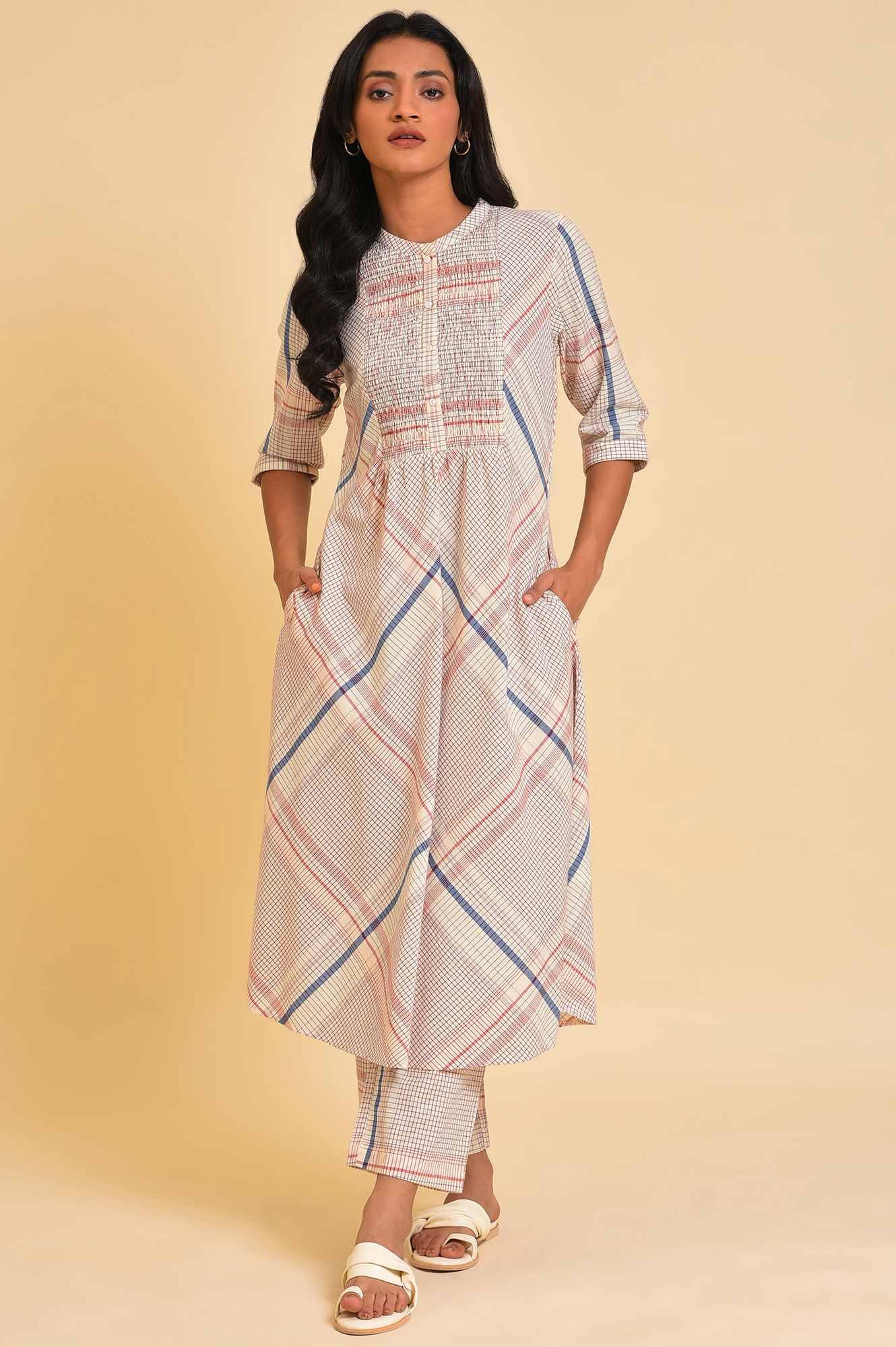 Ecru Bold Checks A-Line kurta & Pants Co-Ord Set - View 7