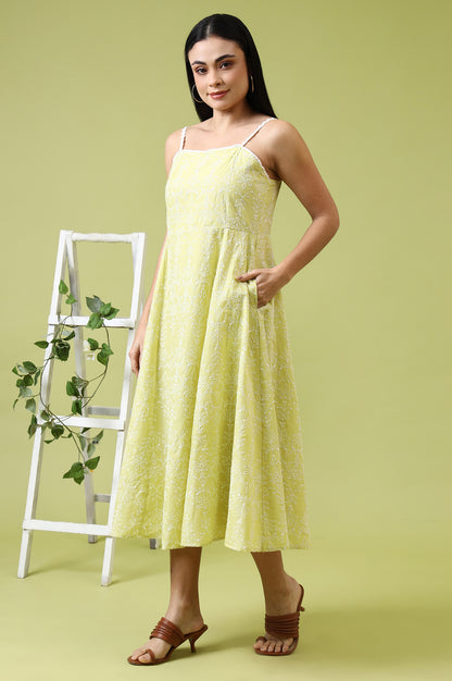 Lime Green Schiffli Embroidered Pure Cotton Flared Spaghetti Dress - View 3