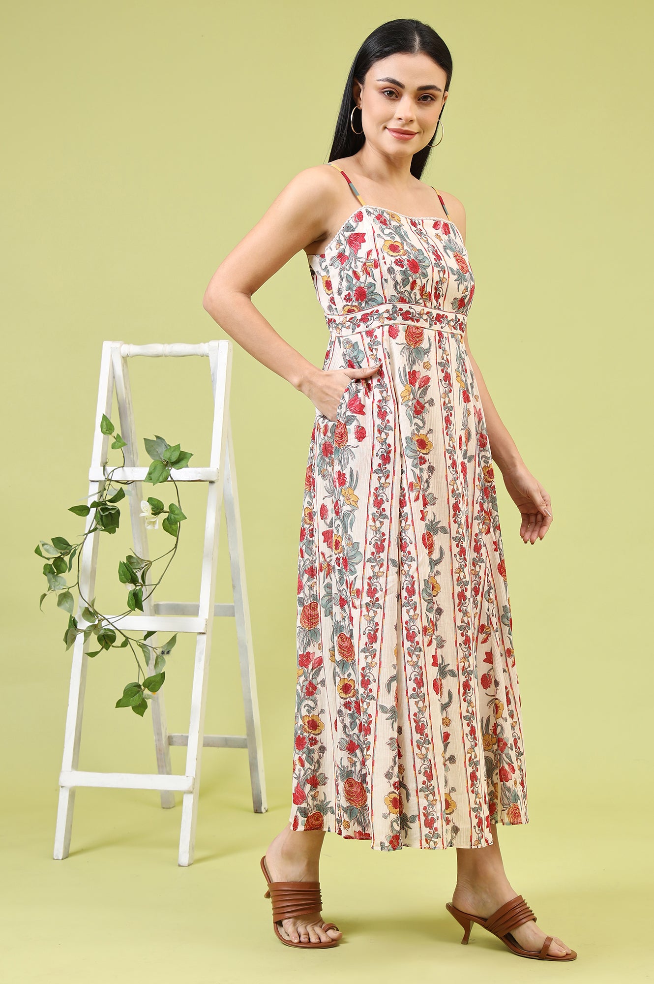 Off-White Vibrant Floral Printed Pure Cotton Flared Spaghetti Dress - View 6
