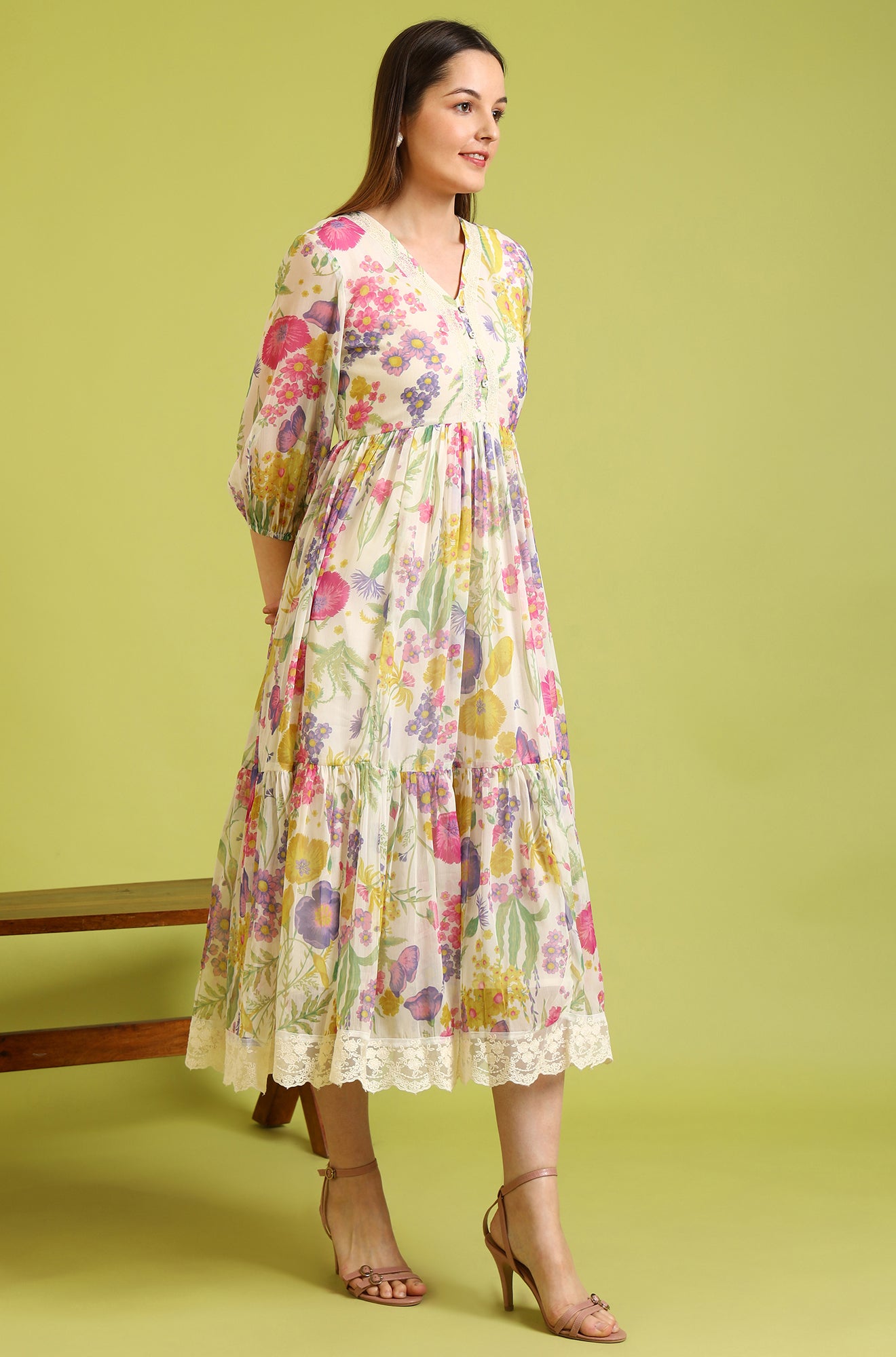 Floral Printed Flared Polyester Dress - View 6