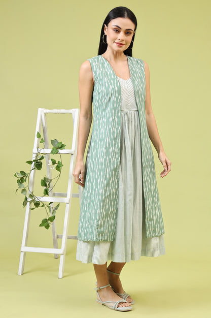 White and Green Geometric Printed Flared Spaghetti Dress and Gilet Set - View 4