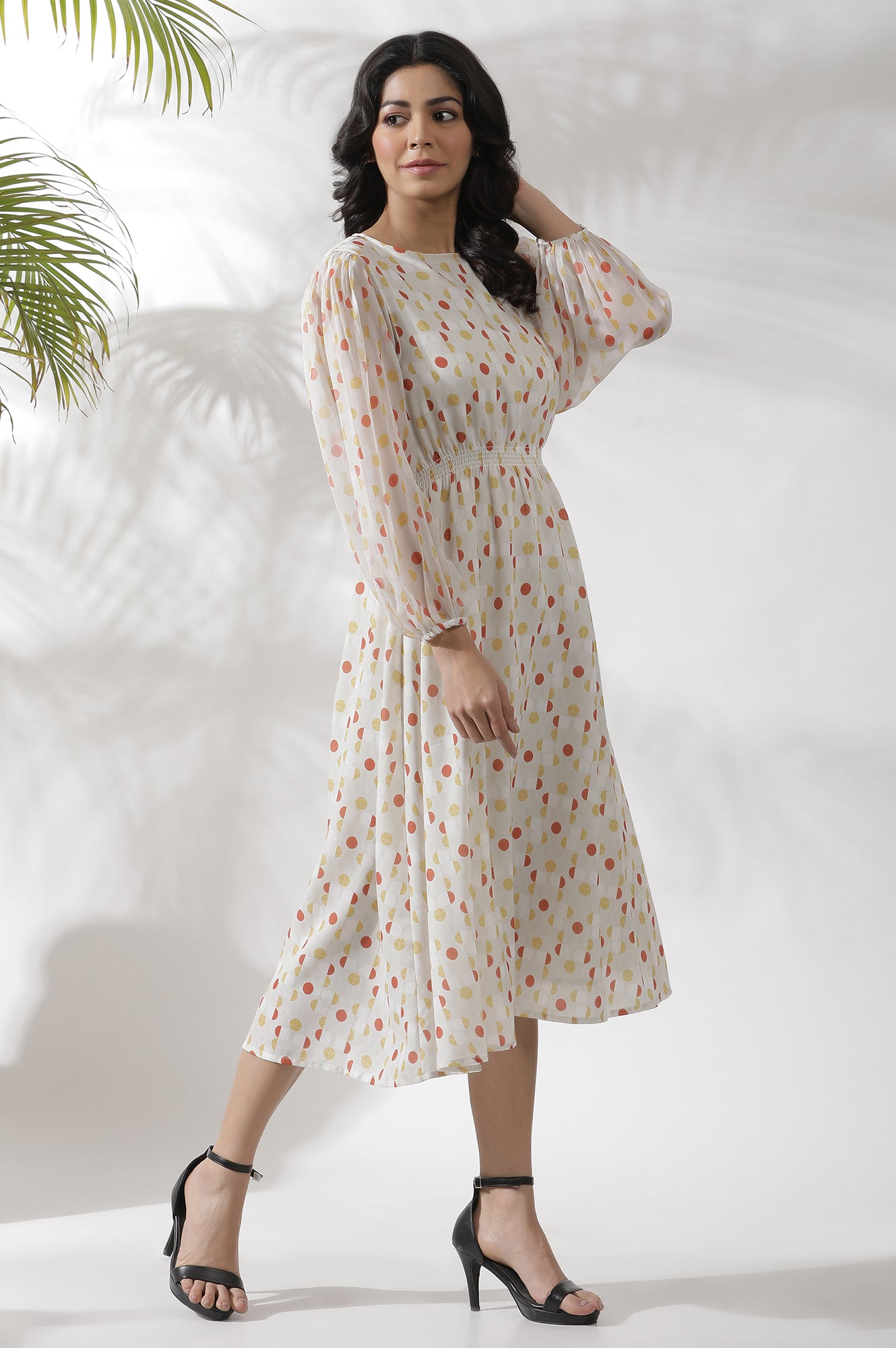 White Polka Dot Printed Gathered Western Dress - View 7