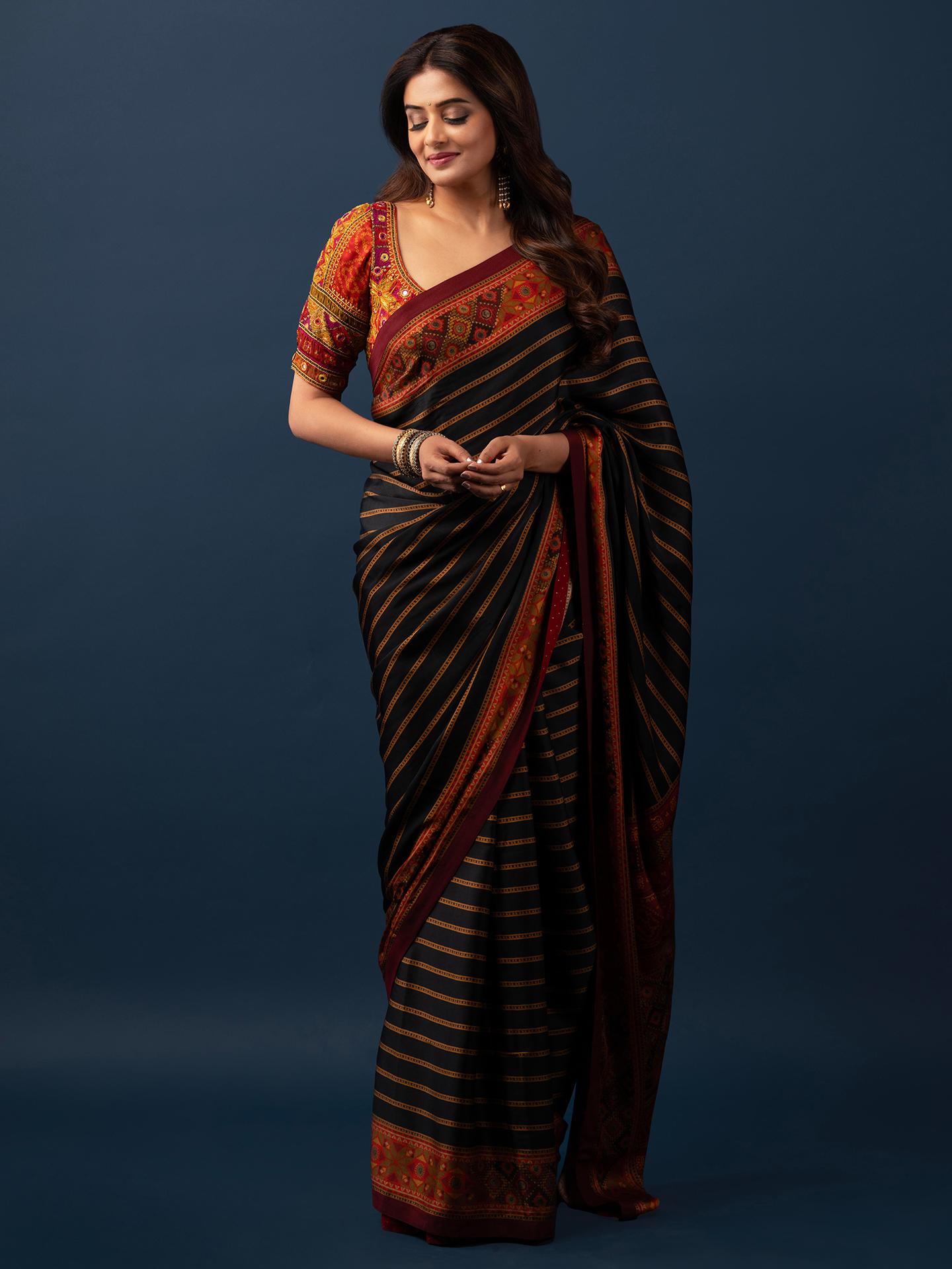 Black Multi Madhuhira Saree With Stitched Blouse - View 2