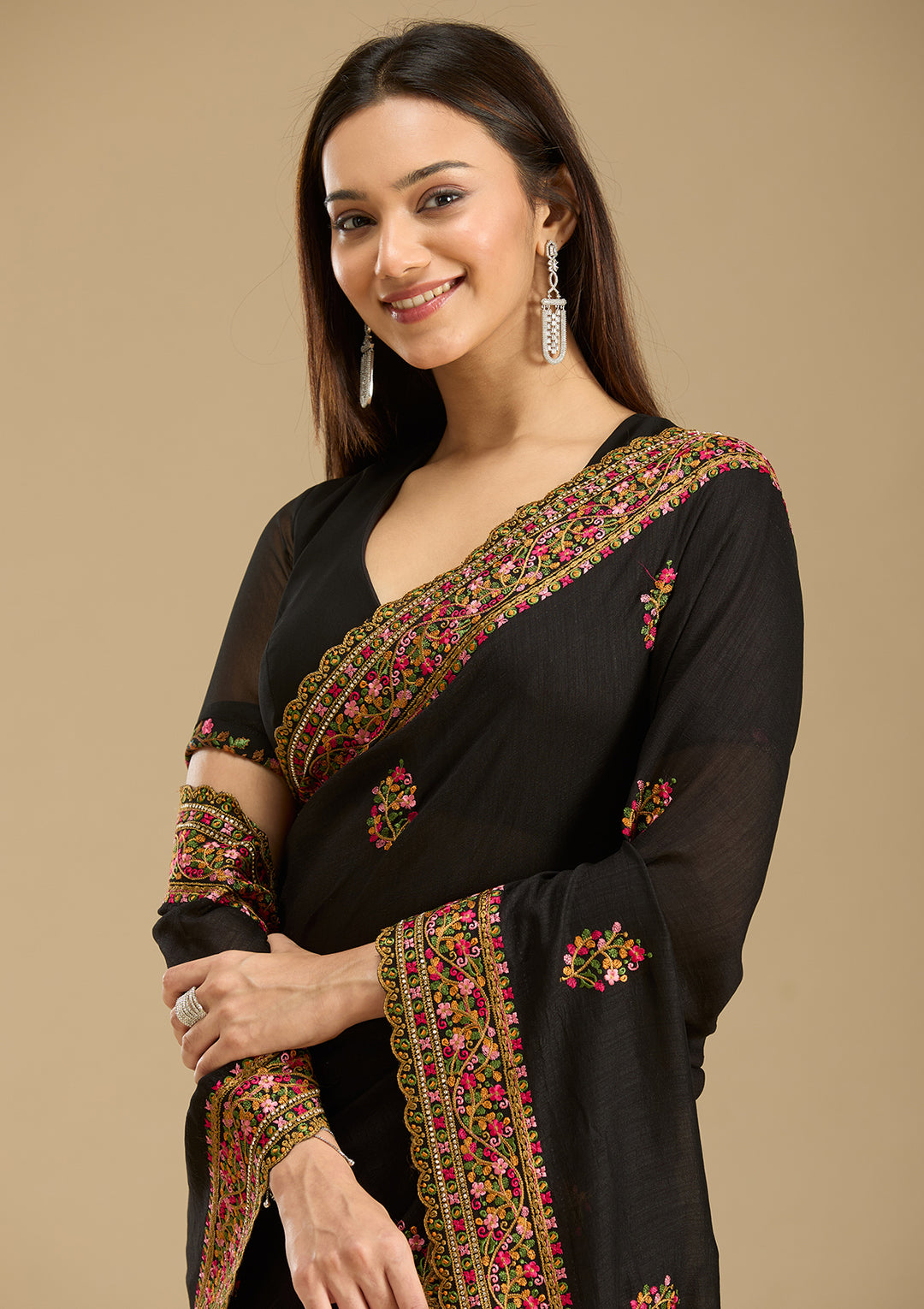 Black Kashmiri Soft Raw Silk Saree - View 5