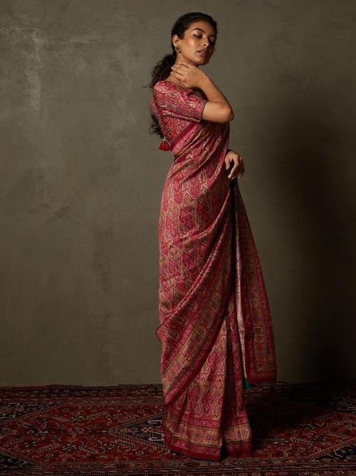 Pink & Beige Shereen Saree With Unstitched Blouse - View 4