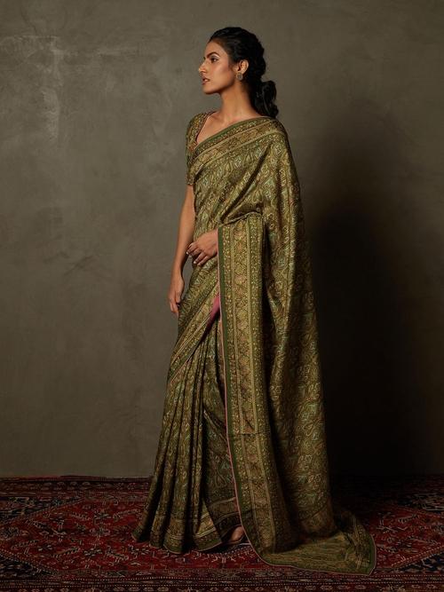 Olive & Beige Shereen Saree With Unstitched Blouse - View 4