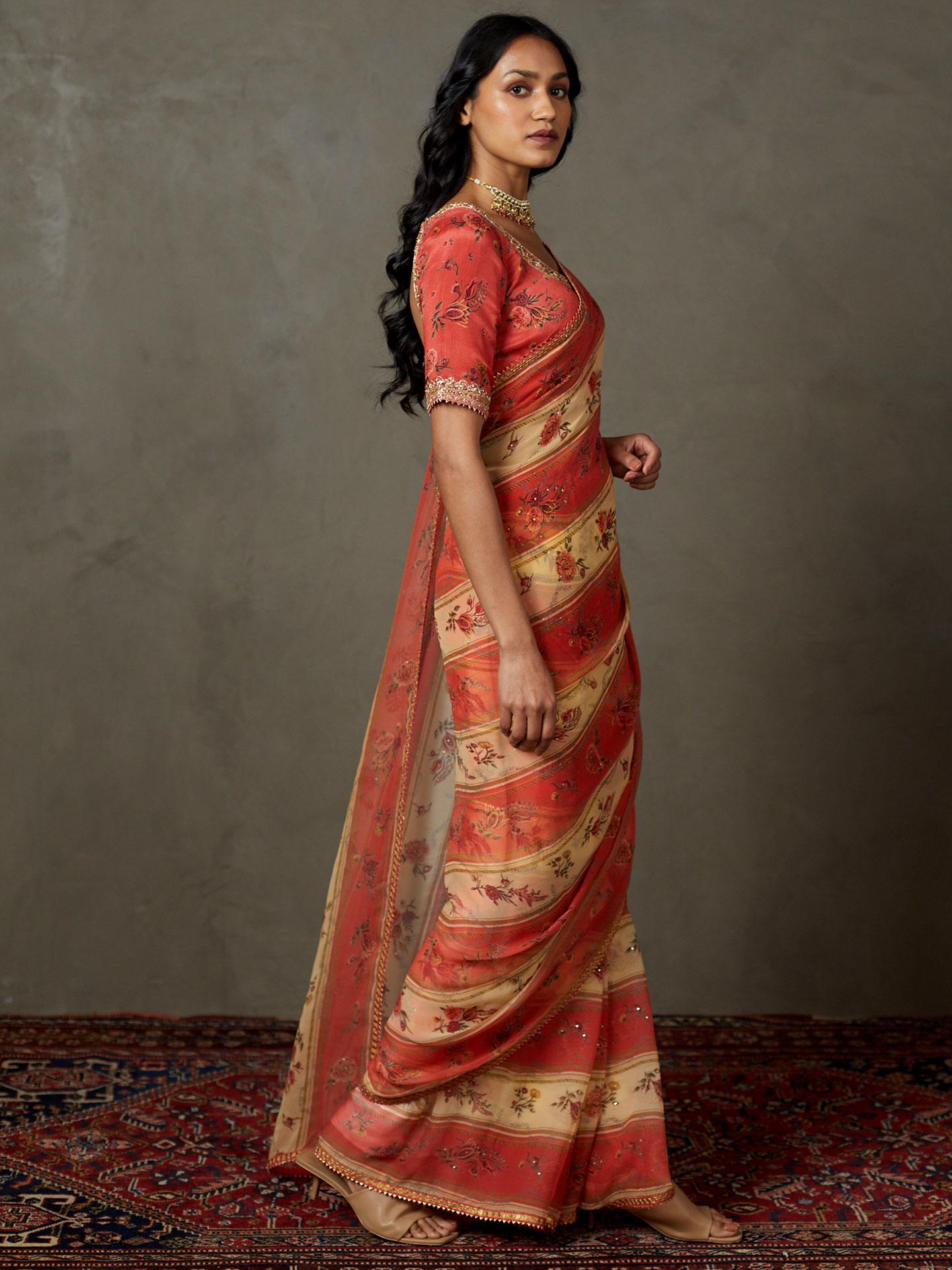 Peach &amp; Multi Dahlia Saree With Unstitched Blouse - View 4