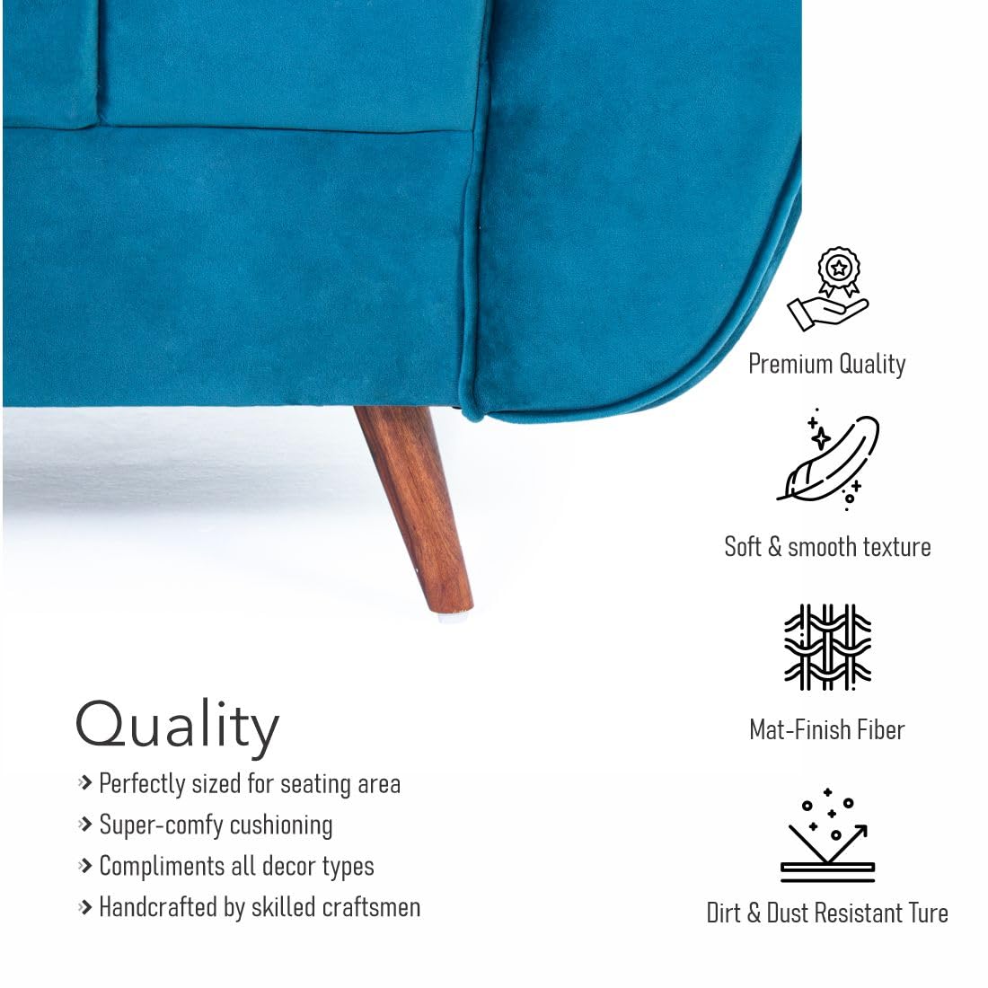 Peachtree Eden 2 Seater Sofa for Living Room| Sofa with 2 Cushions, 3 Year Warranty, Velvet Fabric Sofa with Mango Wooden Frame & Sheesham Wood Legs | Padded Armstyle (Teal Blue) - View 5