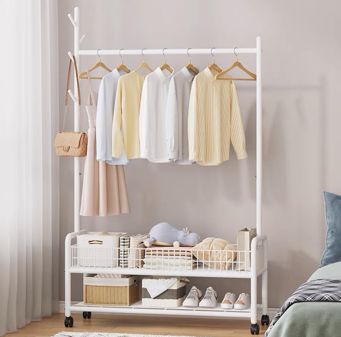 Lukzer | MGR-002 | White | Metal Cloth Stand & Garment Rack with Wheels, 2 Bottom Shelves & Single Rod – Space-Saving Clothes Organizer for Bedroom, Laundry, Entryway & More | 173 x 90 x 34 cm - View 3