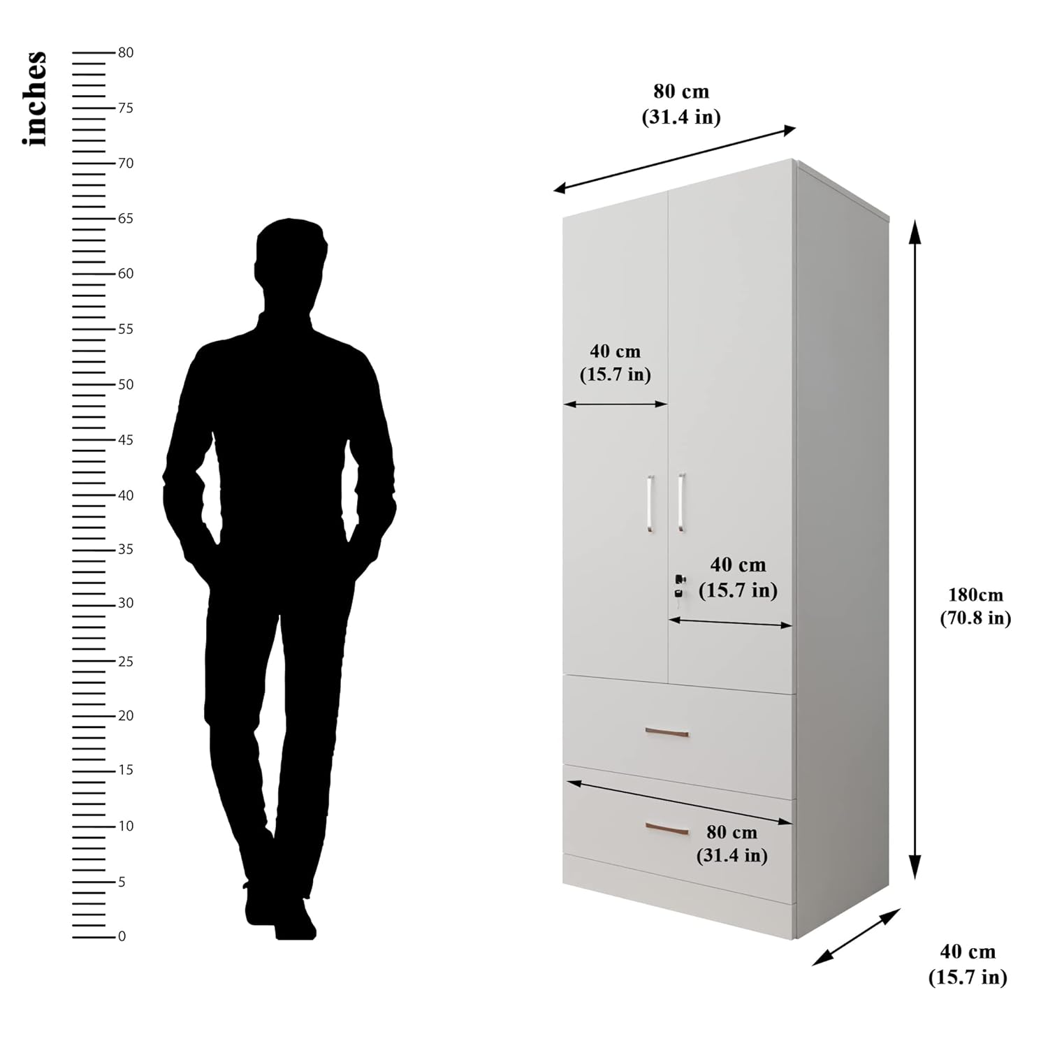 VIKI Wardrobe | Wooden Almirah for Clothes,Door for Bedroom, 2 Door Wardrobe with Drawer & Hanging Space (Frosty White - 40D x 80W x 180H) | 1 Year Warranty | Free Assembly - View 3
