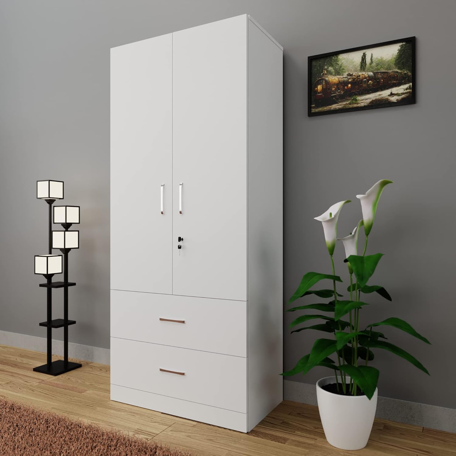 VIKI Wardrobe | Wooden Almirah for Clothes,Door for Bedroom, 2 Door Wardrobe with Drawer & Hanging Space (Frosty White - 40D x 80W x 180H) | 1 Year Warranty | Free Assembly - View 2
