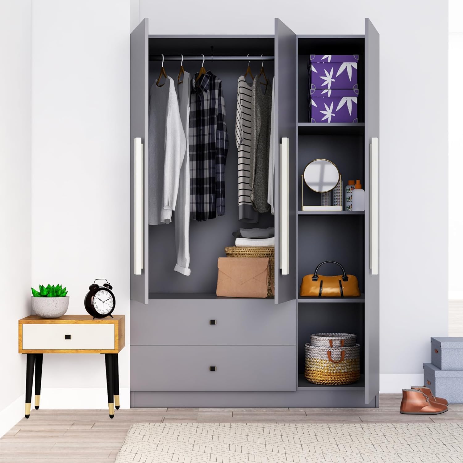 Bniture Wooden Almirah for Clothes, Door for Bedroom, 3 Door Wardrobe with 2 Drawer & Hanging Space (40D x 120W x 180H CM) | 3 Year Warranty (Giant Wood & Slate Grey) - View 4