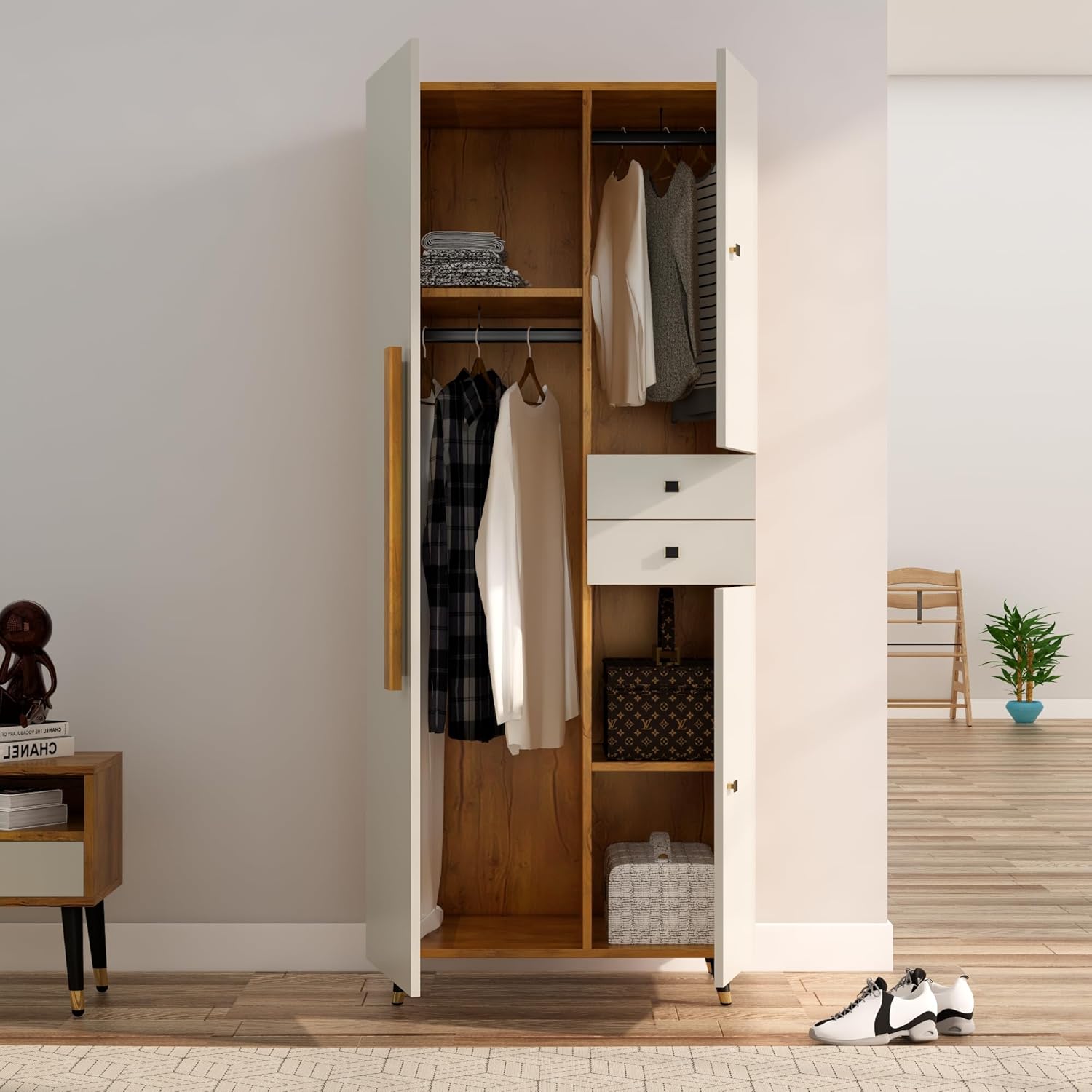 Bniture Wooden Almirah for Clothes, Door for Bedroom, 2 Door Wardrobe with Drawer & Hanging Space (45D x 75W x 180H CM) | 3 Year Warranty (Giant Wood & Frosty White) - View 2
