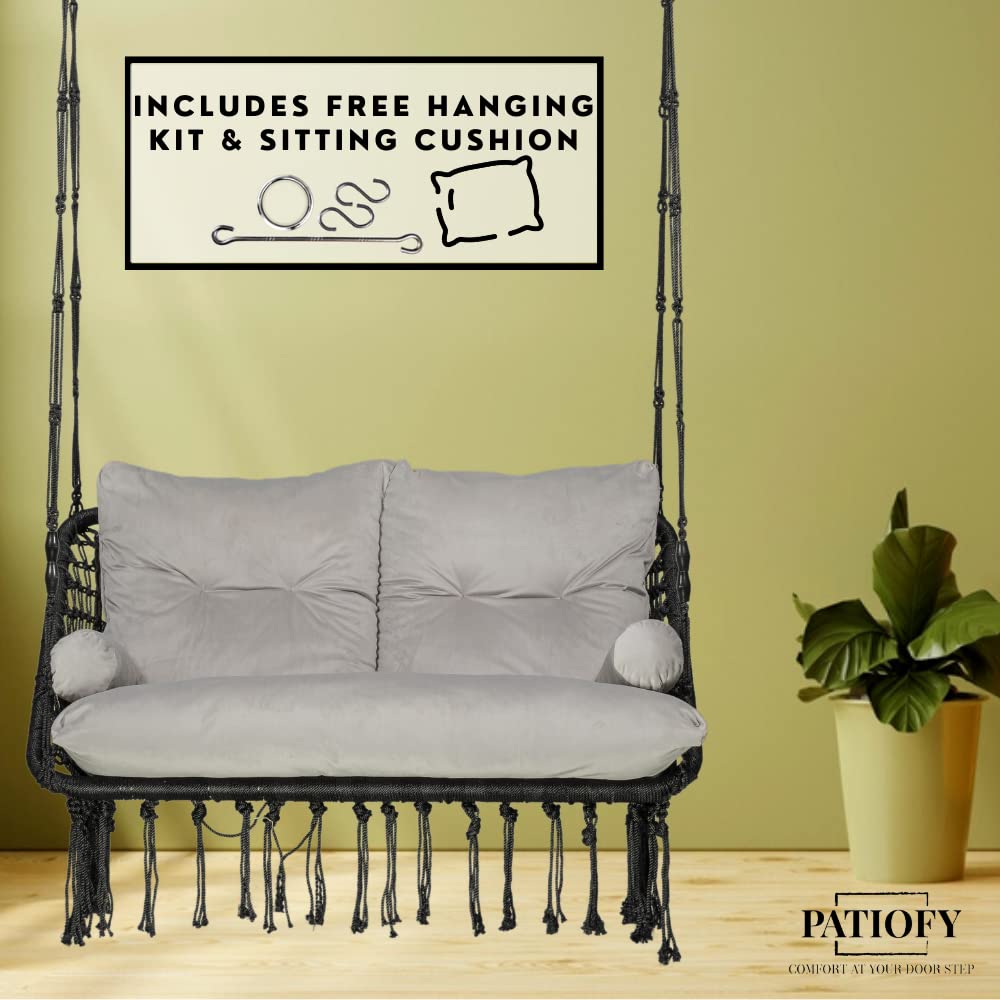 Double Seater Swing - 2 Seater Swing for Balcony with Large Grey Full Body Sitting Cushion (Black)-Polyester, 20 Cm - View 3