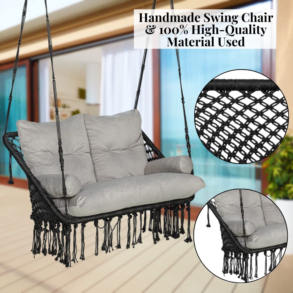 Double Seater Swing - 2 Seater Swing for Balcony with Large Grey Full Body Sitting Cushion (Black)-Polyester, 20 Cm - View 5